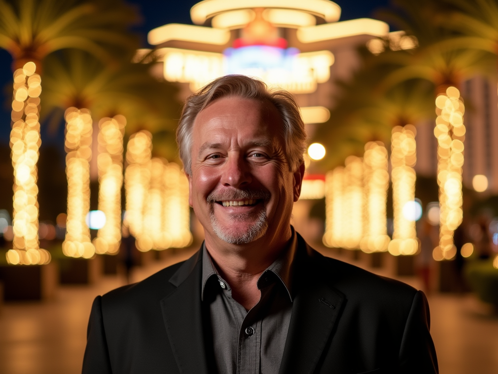 На изображении улыбающийся мужчина в черном пиджаке, фон с пальмами и огнями. Ночь.