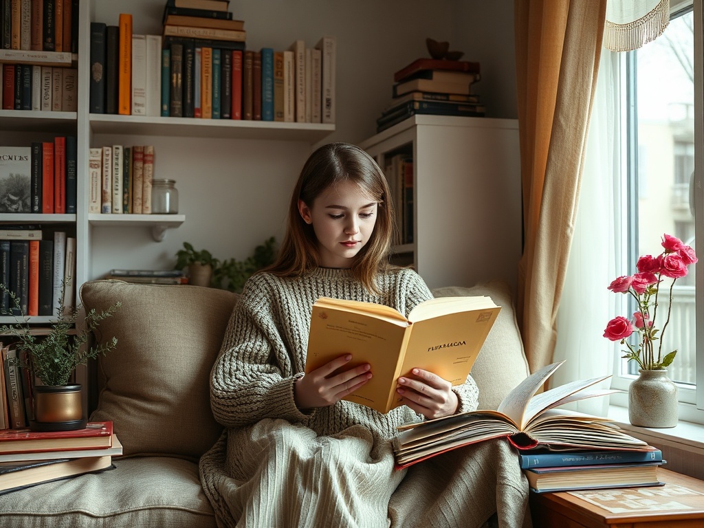 Девушка в свитере читает книгу на диване, рядом с окном и стопкой книг, с яркими цветами на подоконнике.