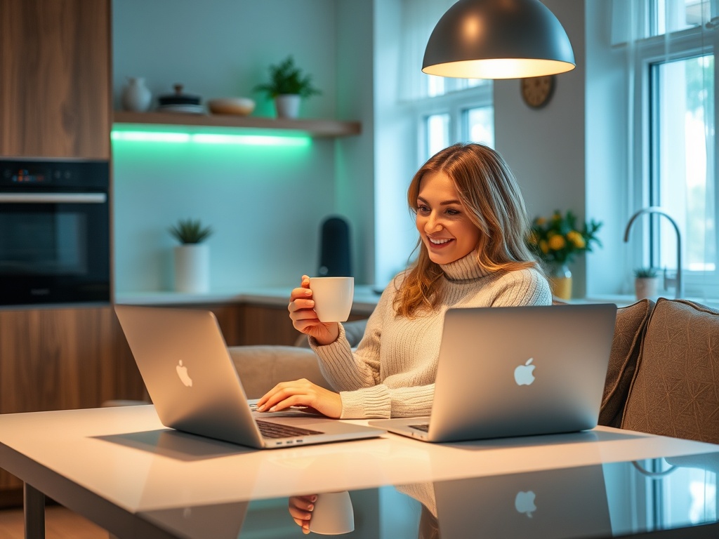 Улыбающаяся девушка с чашкой кофе работает на двух ноутбуках в уютной комнате.