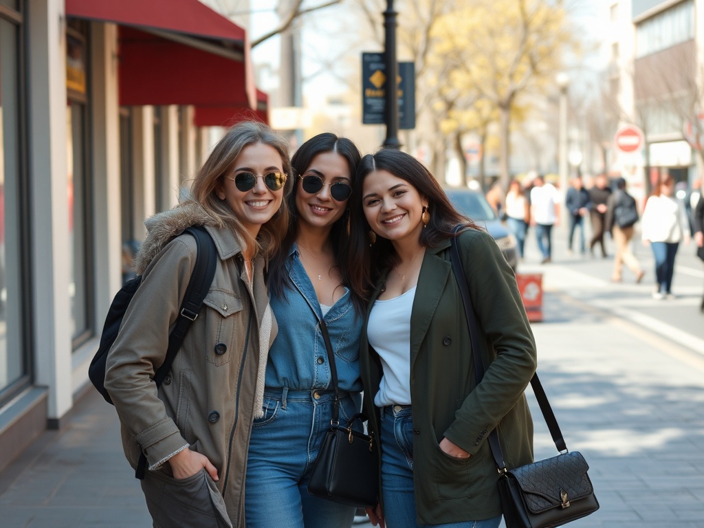 Три девушки на улице, улыбаются, в солнечных очках, с сумками, наслаждаясь днем. На заднем плане прохожие.