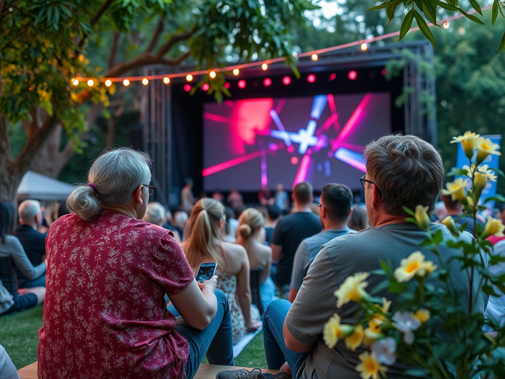 На imagen — зрители на открытом мероприятии, наслаждающиеся шоу на сцене. Зеленые деревья и цветы вокруг.