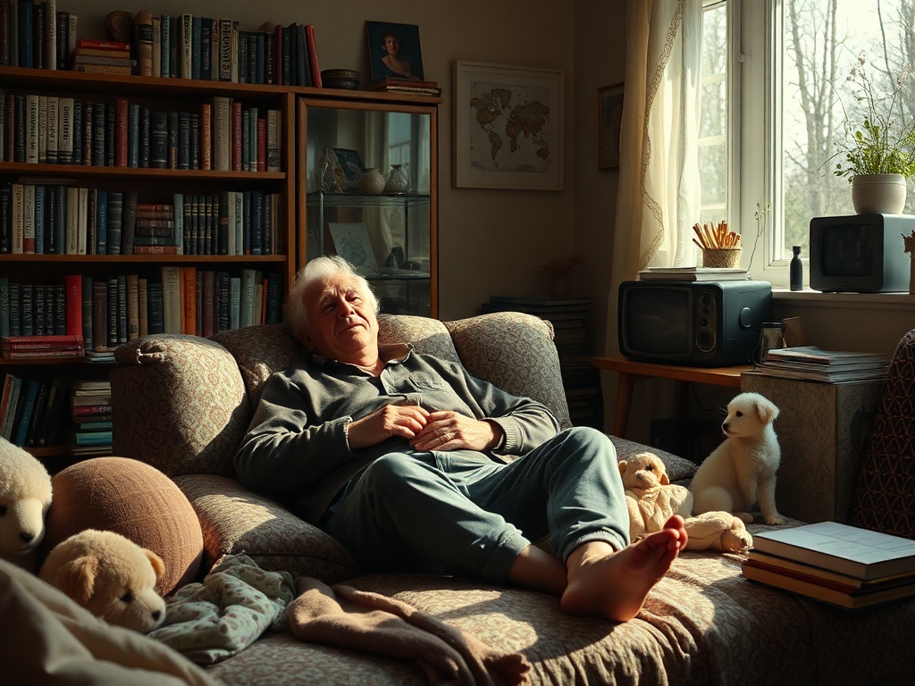 Старший мужчина расслаблен на диване, окружённый мягкими игрушками и книгами в уютной комнате.