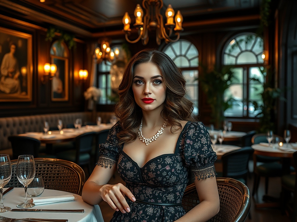 Молодая женщина в элегантном платье сидит в уютном ресторане, вокруг столы с сервировкой.