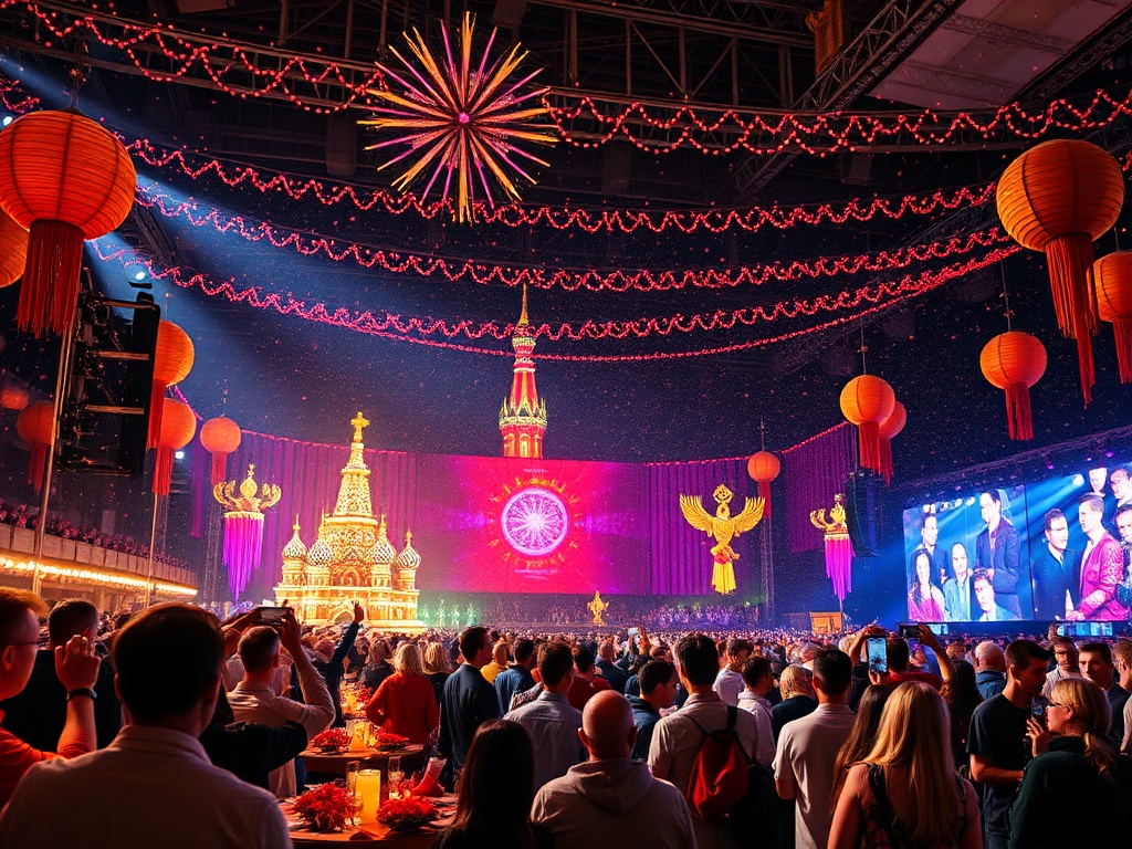 Зал украшен яркими фонарями и гирляндами, люди наслаждаются праздником и выступлениями на сцене.