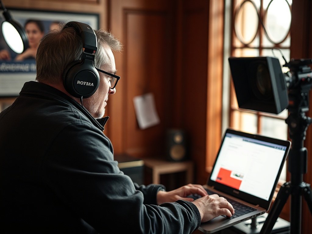 Человек в наушниках работает за ноутбуком в уютном помещении с окнами и мягким освещением.