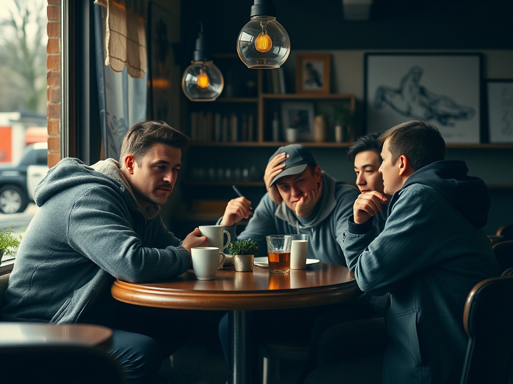 Четыре молодых человека обсуждают что-то за столом в кафе, у них чашки и напитки. Атмосфера уютная.
