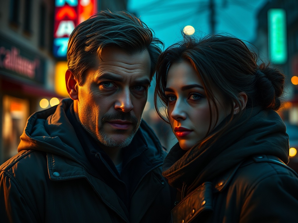 Пара стоит на улице в вечернее время, их лица выражают эмоции, фон освещен неоновыми огнями.