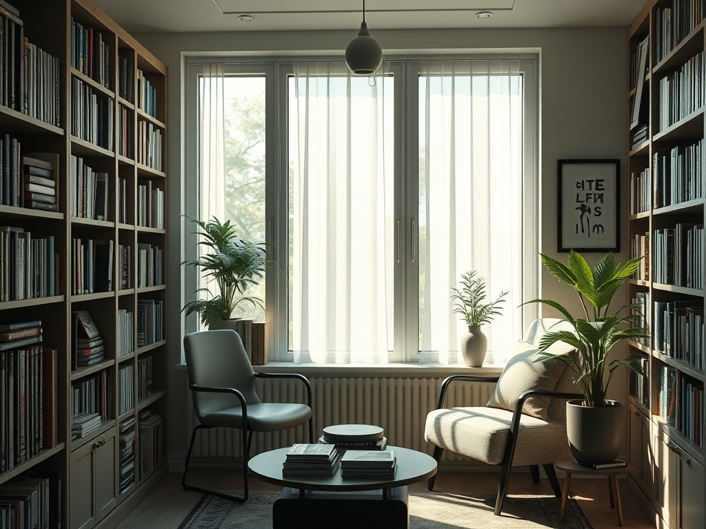 Уютный уголок с книгами, креслами и растениями у окон, наполняющий пространство светом.