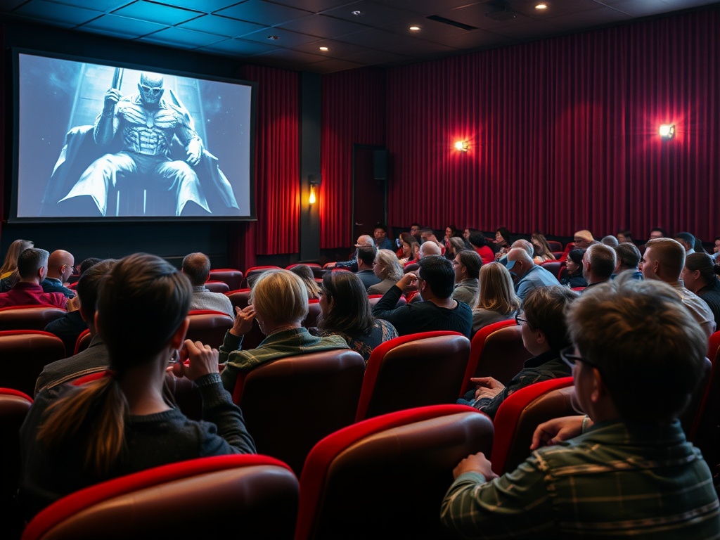 Зал кинотеатра с зрителями, смотрящими на экран, где изображён супергерой. Атмосфера ожидания и интереса.
