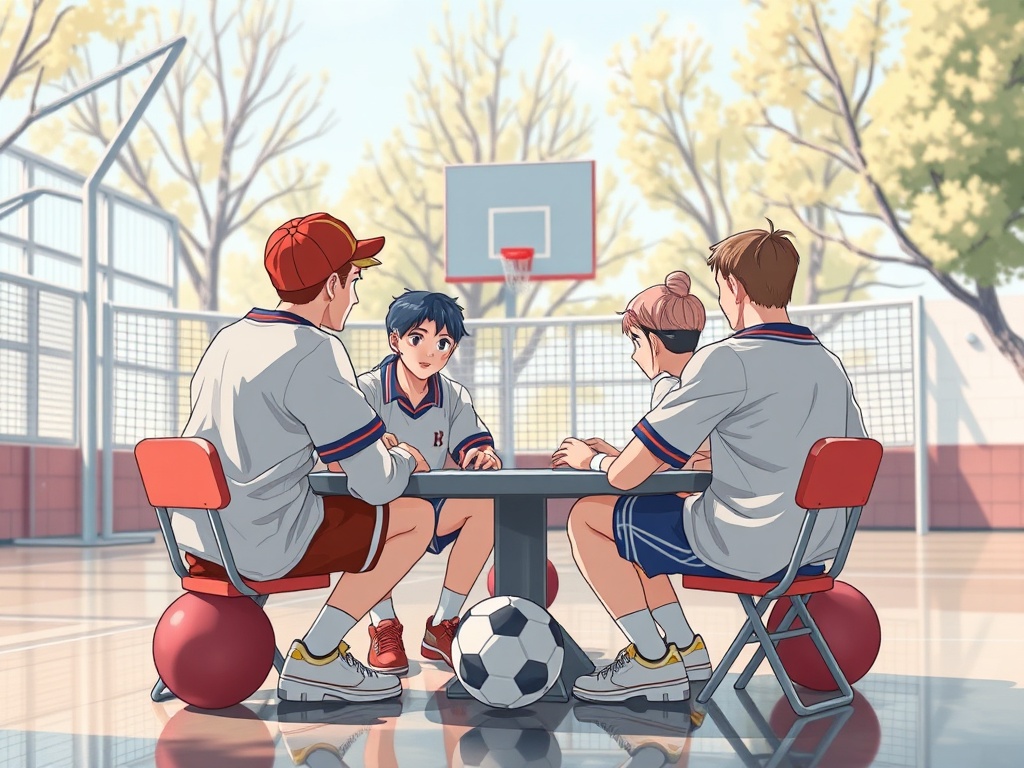 Четыре подростка сидят за столом на спортивной площадке, обсуждая что-то с мячом и корзиной в фоне.