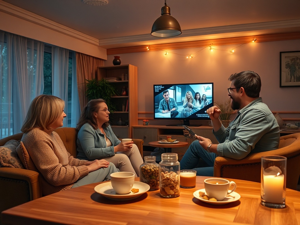 В уютной гостиной друзья наслаждаются общением и просмотром телевизора с напитками и закусками.