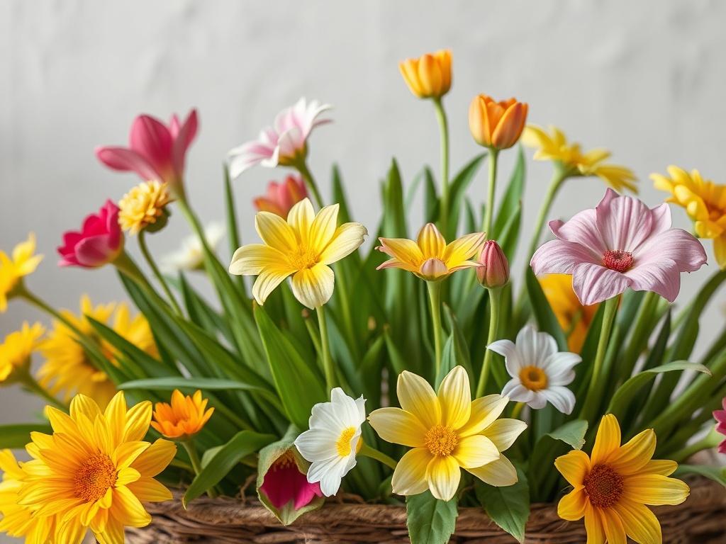 Очаровательный букет с разнообразными цветами: жёлтые, pink, белые и фиолетовые цветы с зелеными листьями.