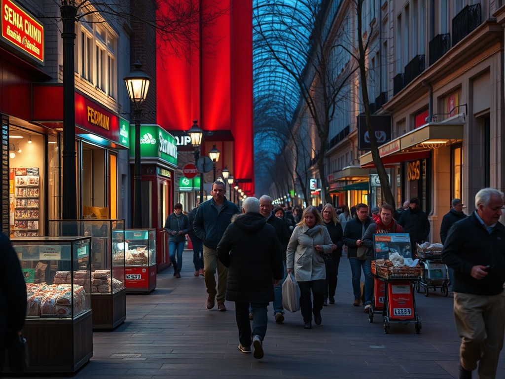На улице много людей, магазины освещены огнями, вечерняя атмосфера, деревья без листвы.