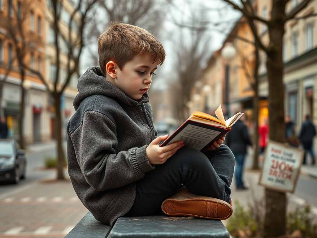 Мальчик читает книгу на улице, сидя на скамейке в городском пейзаже с прохожими.
