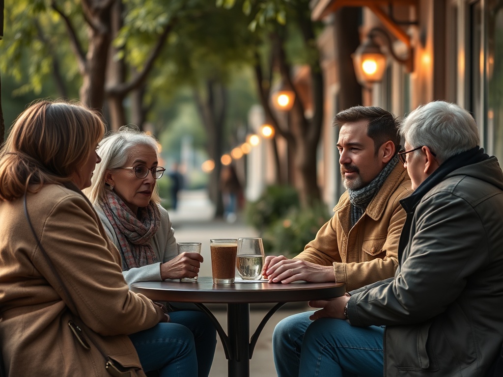 Четыре человека беседуют за столиком на улице, вокруг зелень и приглушенное освещение. Атмосфера уютная.