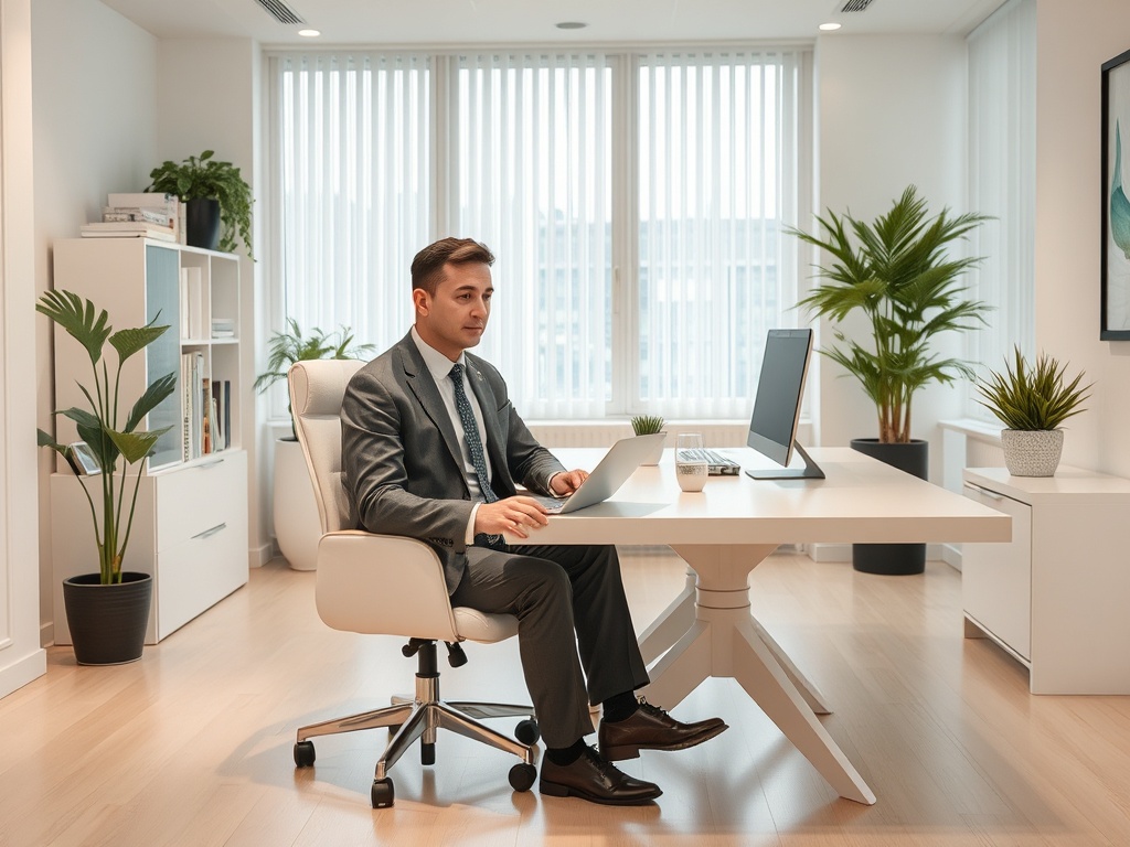 Мужчина в деловом костюме сидит за столом в современном офисе, работая на ноутбуке. Вокруг растения.