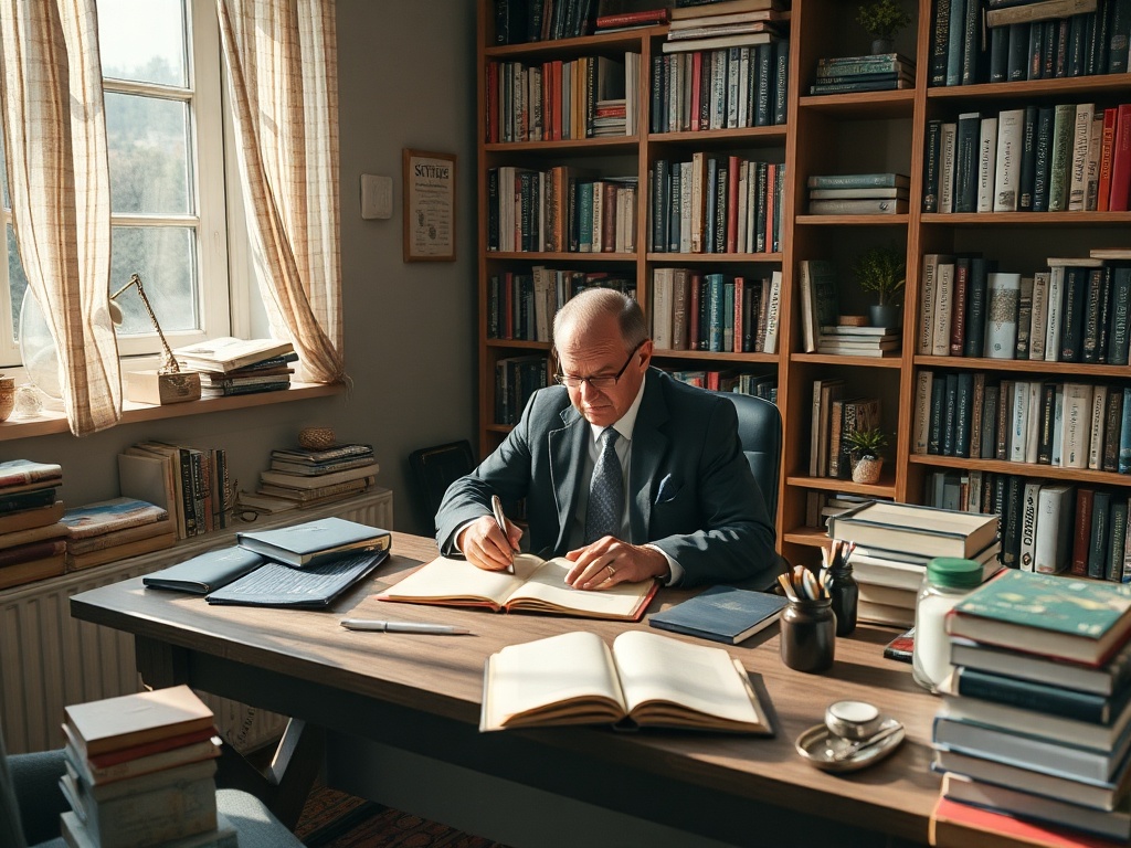 Пожилой мужчина в костюме сидит за столом, пиша в заметках, окружённый книгами и растениями.