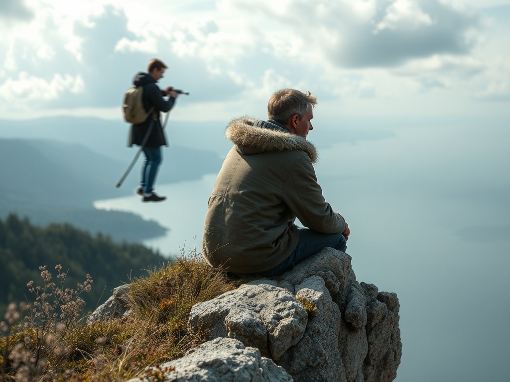 Два человека на скале: один снимает фото, другой спокойно сидит и любуется пейзажем. Вдали виднеется озеро.