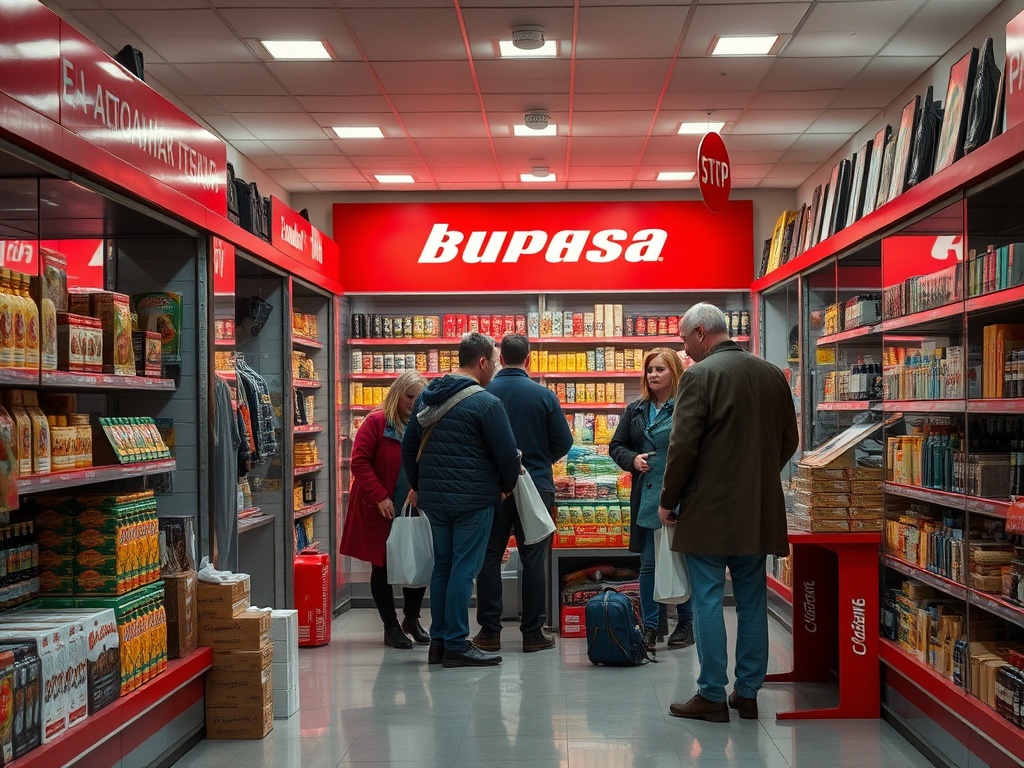 На изображении супермаркет с покупателями, выбирающими товары на полках с продуктами.