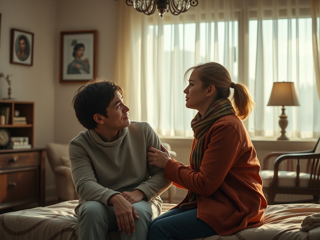 На изображении девушка и парень сидят на кровати и внимательно общаются друг с другом в светлой комнате.