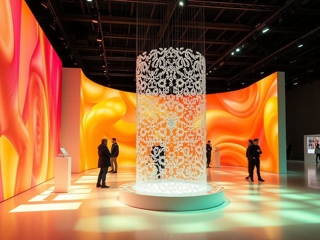 Современная выставка с уютным окружением, яркими стенами и центральной прозрачной инсталляцией.