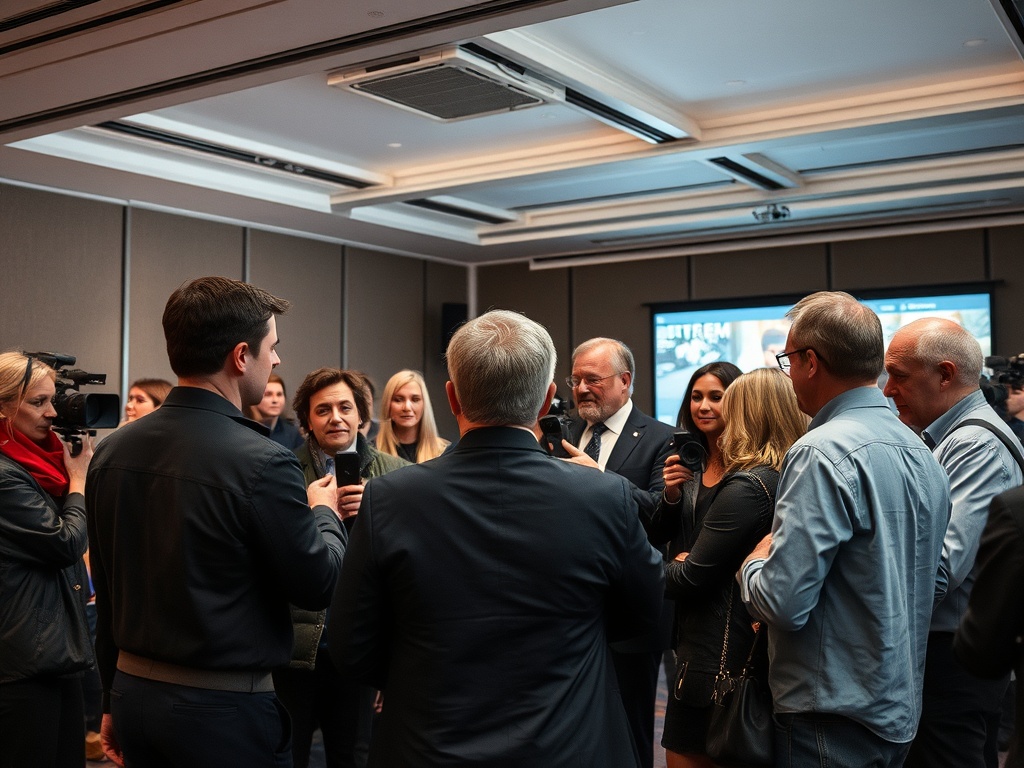 На мероприятии группа людей обсуждает и взаимодействует друг с другом, некоторые с камерами.