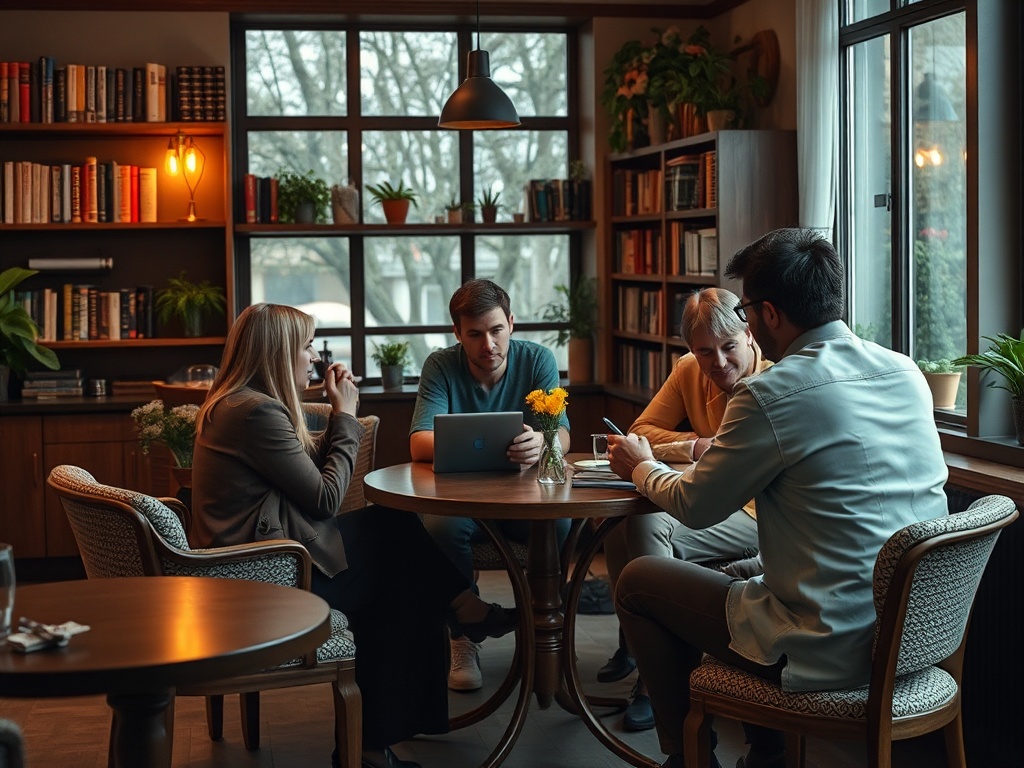 Четыре человека обсуждают что-то за столом в уютной библиотеке. За окном виден серый пейзаж.