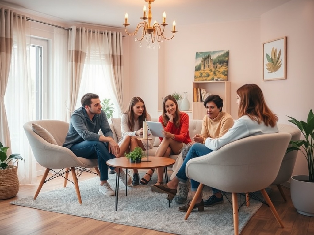 Группа людей обсуждает идеи в уютной гостиной с ярким светом и зелеными растениями.