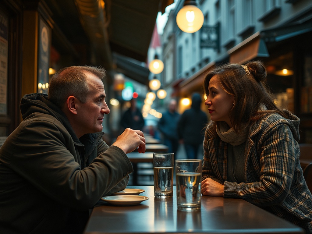 Пара обсуждает что-то важное за столиком в уютном кафе на улице в вечернее время.