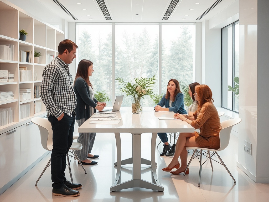 На встрече в современном офисе пять человек обсуждают проект за круглым столом. Светлое пространство с окнами.