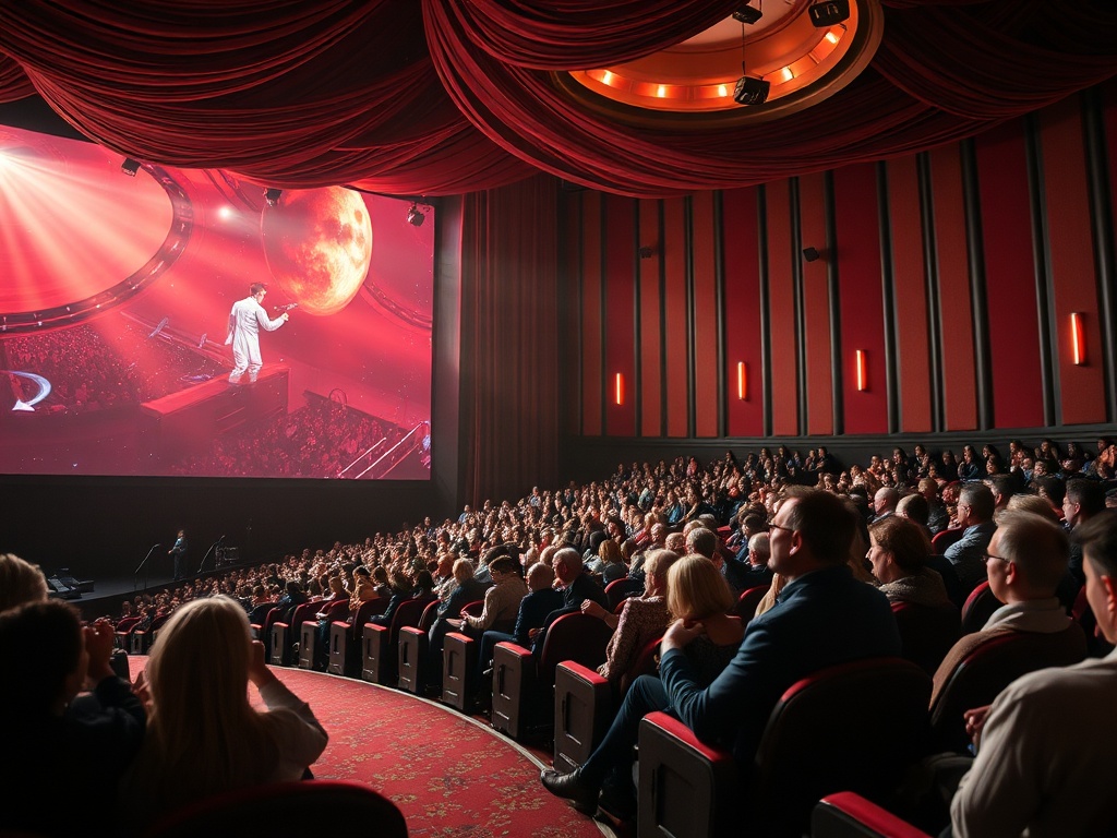 Зал кинотеатра, заполненный людьми, смотрящими на сцену с ярким экраной и планетой на заднем плане.