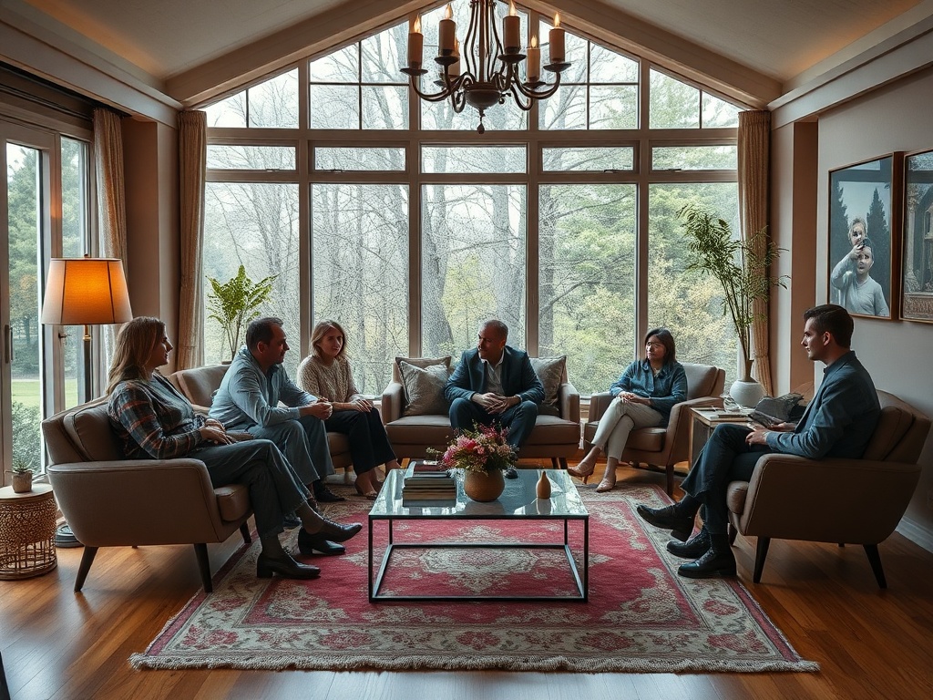 Группа людей обсуждает что-то в уютной комнате с большим окном и зеленым видом за ним.