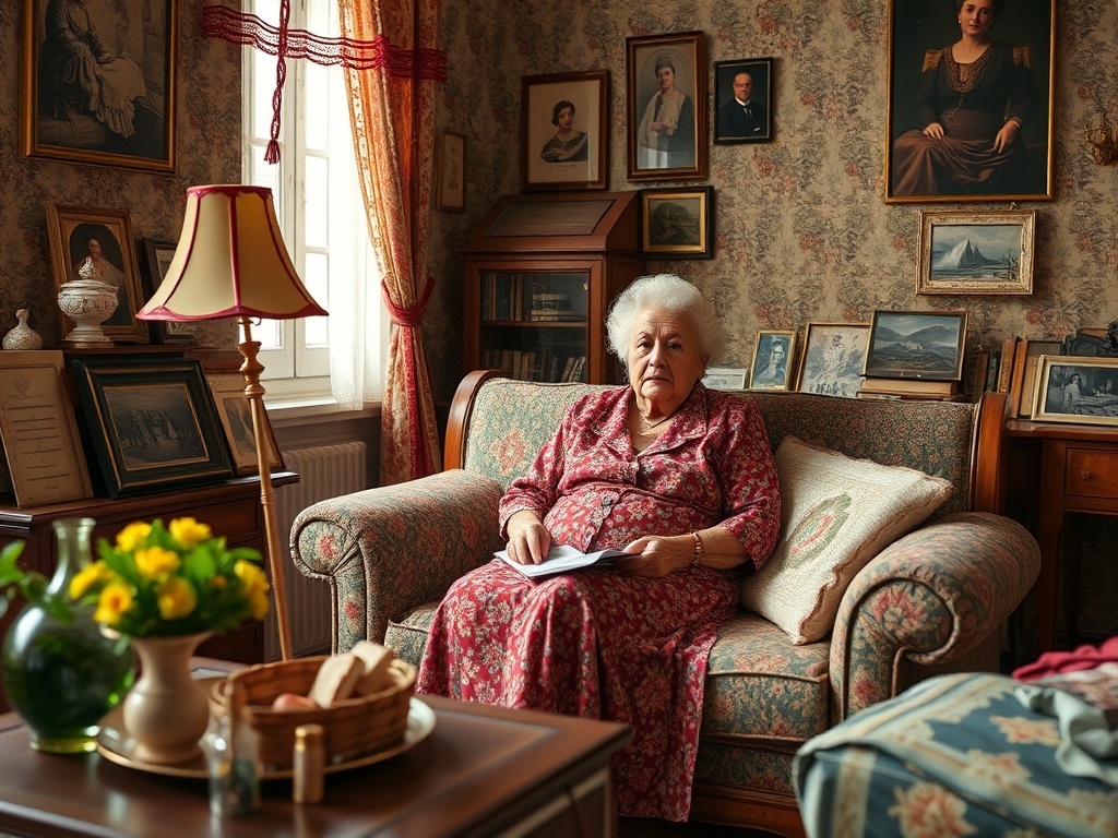 Пожилая женщина в уютной комнате с множеством фотографий на стенах, сидит на диване и читает книгу.