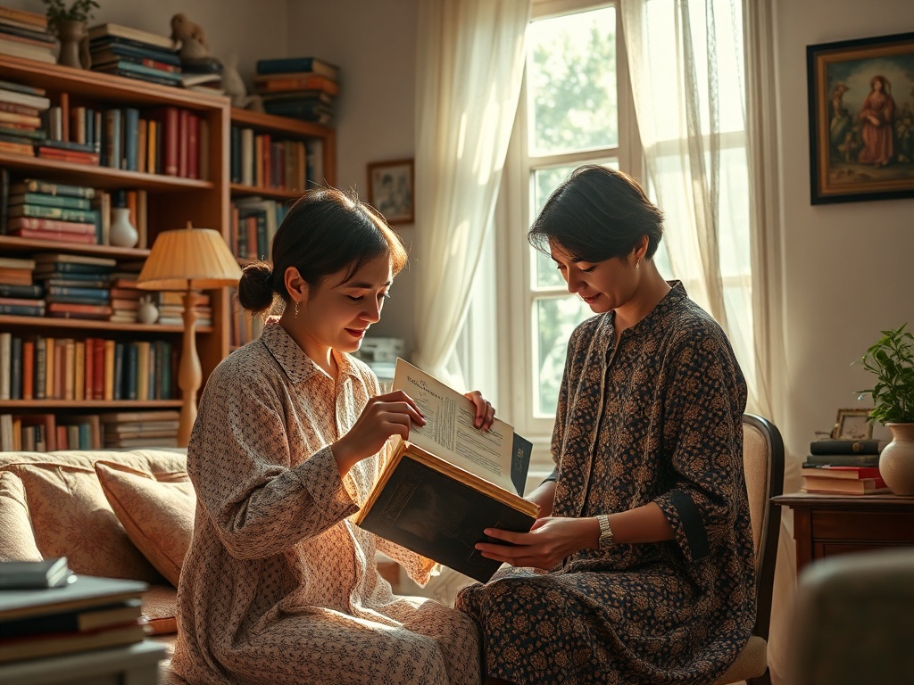 Две женщины читают книгу на фоне уютной библиотеки, наслаждаясь временем друг с другом.