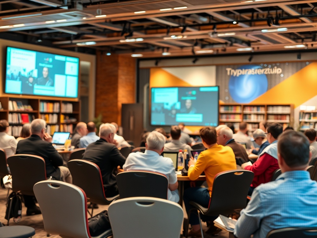 На встрече присутствуют участники, которые слушают презентацию на больших экранах.