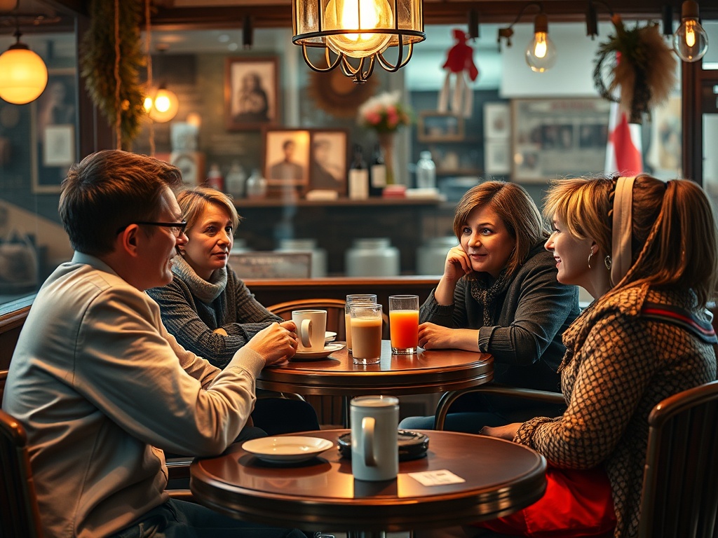 Группа людей разговаривает за столиком в кафе, наслаждаясь напитками и дружеской атмосферой.