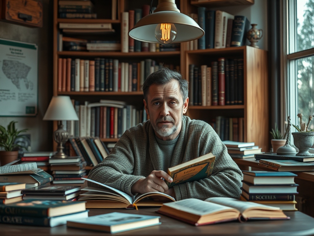 Мужчина в уютной библиотеке читает книгу, вокруг много литературы и растений на столе.