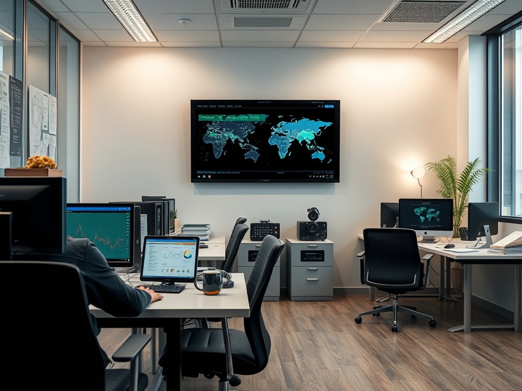 Офис с несколькими компьютерами и экраном, отображающим карту мира и графики с данными.