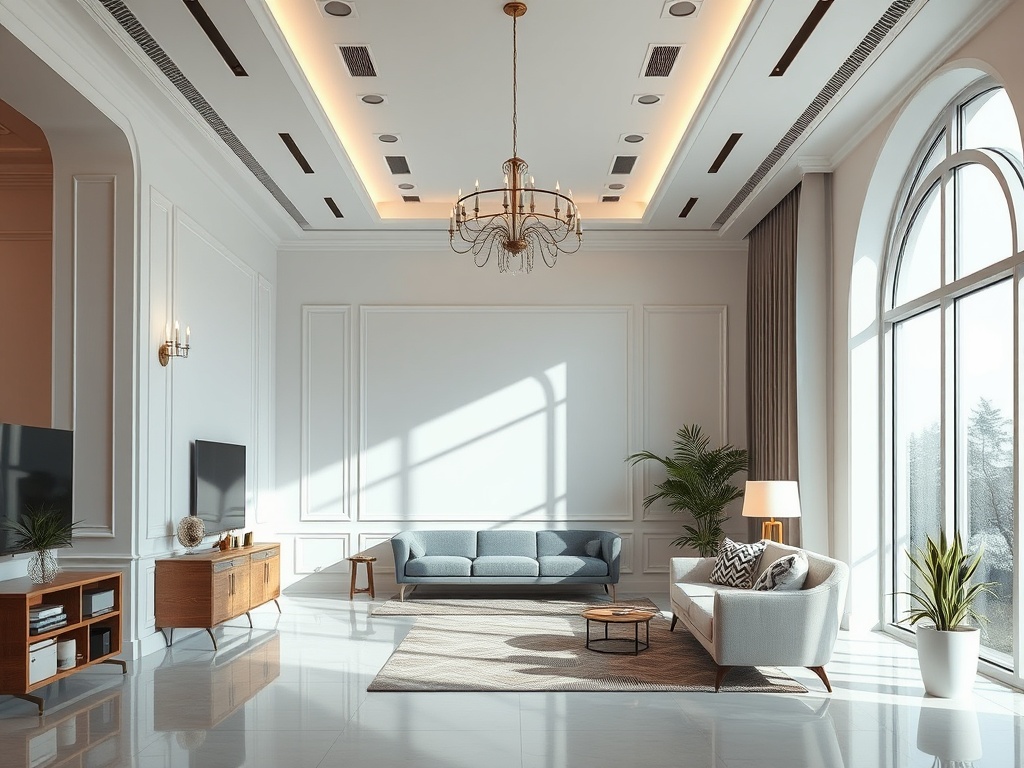 Современный светлый салон с окнами, мягкой мебелью и стильным декором. Пространство наполнено естественным светом.