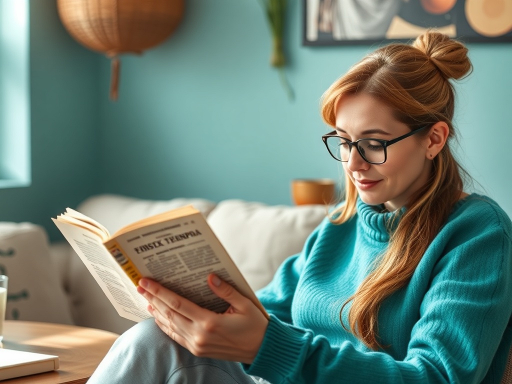 Молодая женщина в очках читает книгу, сидя на диване в уютной комнате с голубыми стенами.