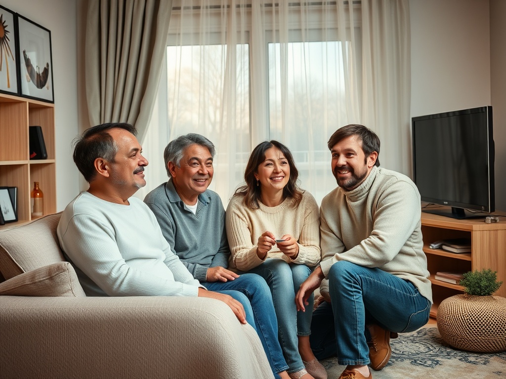 Четыре человека, сидящих в уютной гостиной, улыбаются и общаются в дружеской атмосфере.