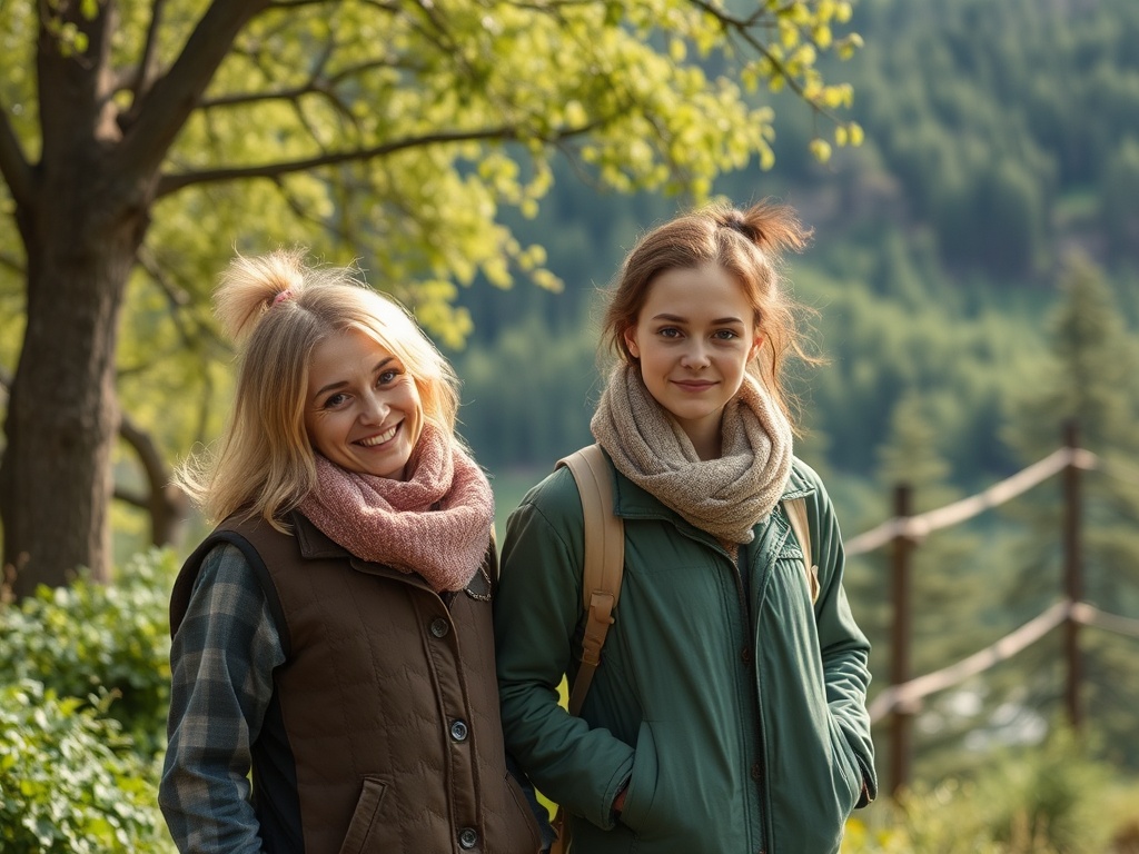 На фотографии двое молодых женщин на фоне природы, улыбаются, одетые в теплую одежду. Солнечный день.