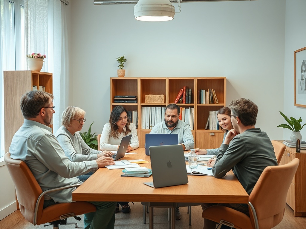 Группа людей обсуждает проект за столом в светлом офисном помещении. На столе ноутбуки и документы.