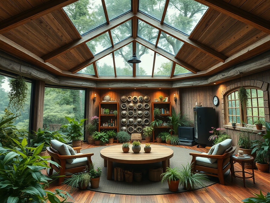Уютная комната с большими окнами, растениями и деревянной мебелью, создающая атмосферу спокойствия.