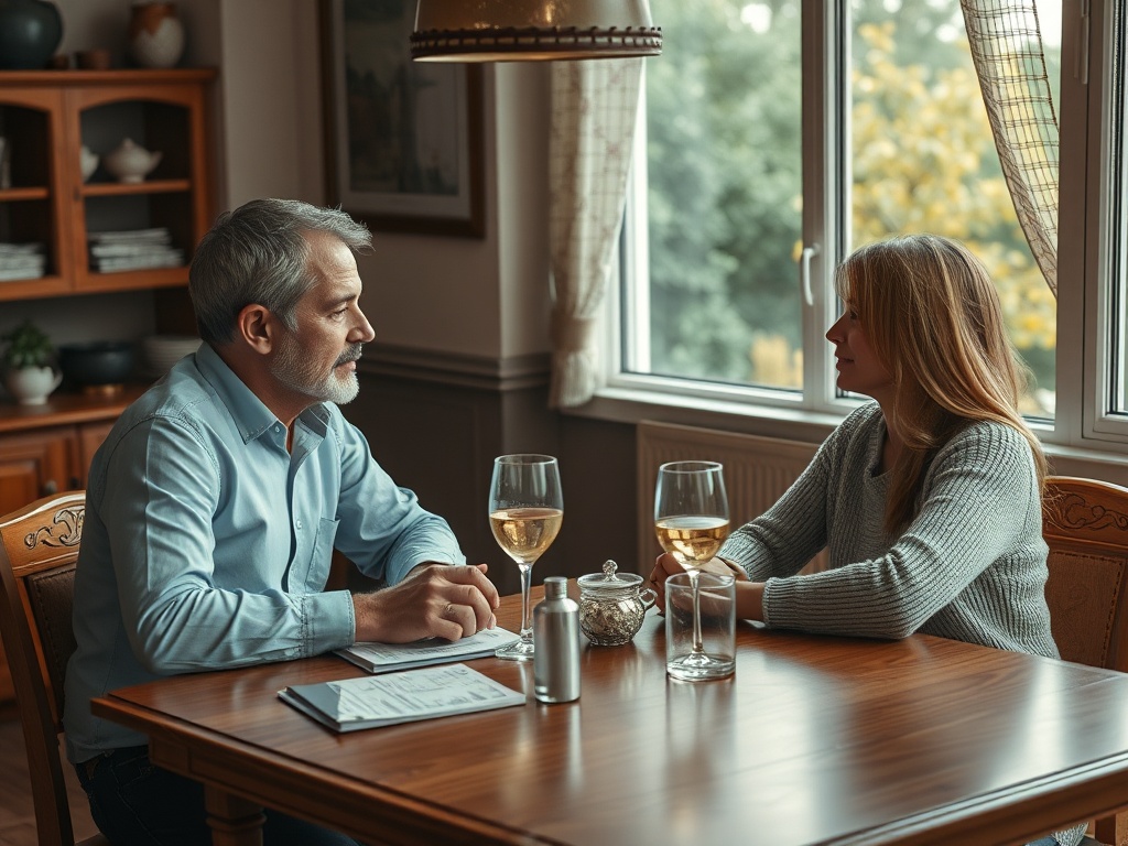 На столе сидят мужчина и женщина, беседуя за бокалом белого вина у окна. Уютная обстановка.