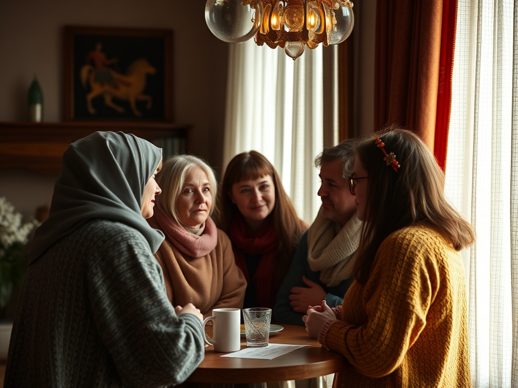 Шесть человек разговаривают за круглым столом в уютной обстановке, вокруг мягкий свет и теплые тона.