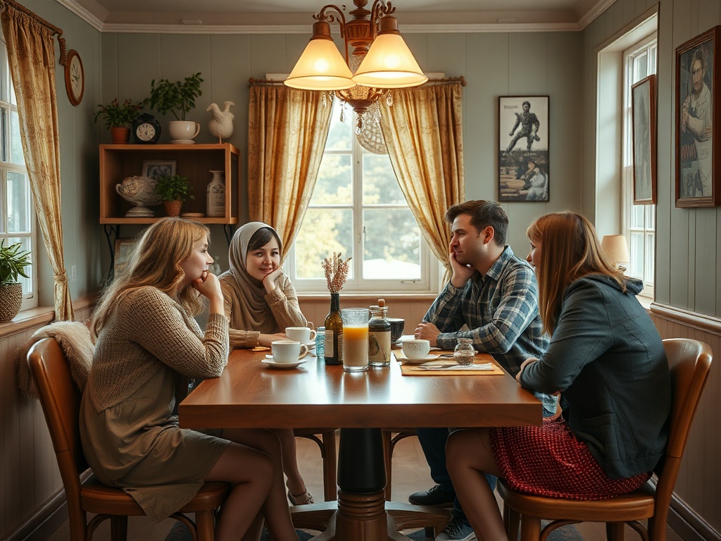 Четыре человека собираются за столом, общаясь и наслаждаясь временем друг с другом в уютной обстановке.
