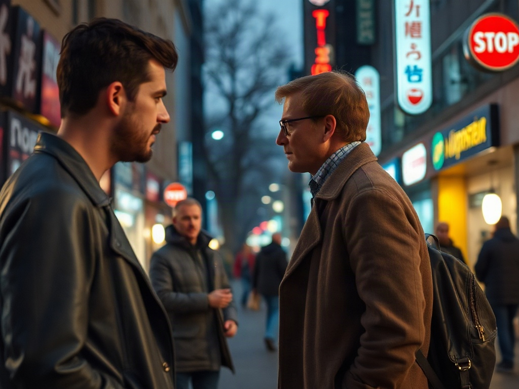 На улице двое мужчин обсуждают что-то, на заднем плане видны магазины и прохожие. Вечерняя атмосфера.
