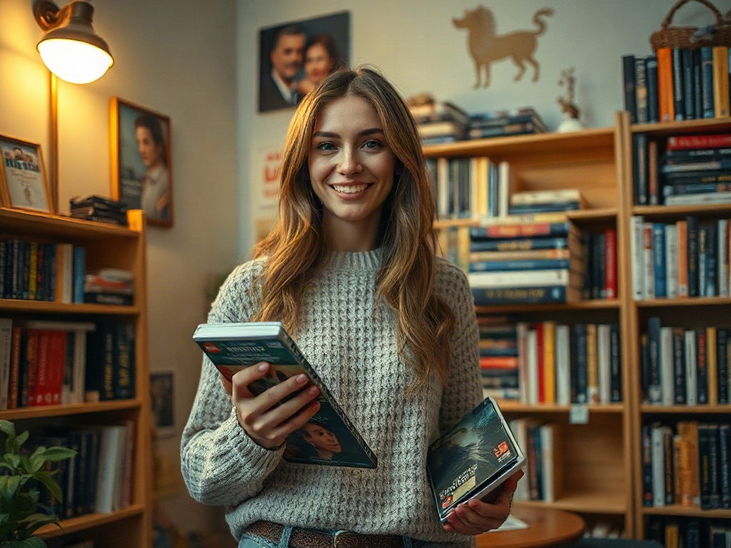Светлое помещение с книжными полками. Девушка держит книги и улыбается, облаченная в уютный свитер.