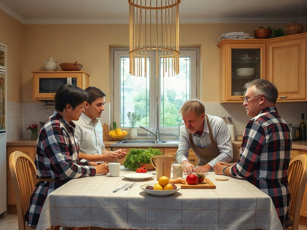Четыре человека готовят еду на кухне, за столом с продуктами и гармоничной атмосферой.